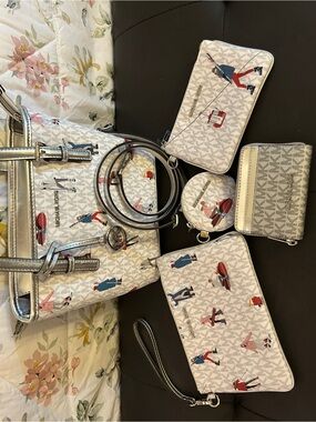 Michael Kors Cream Monogram Travel Tote and Accessory Set with Silver Trim